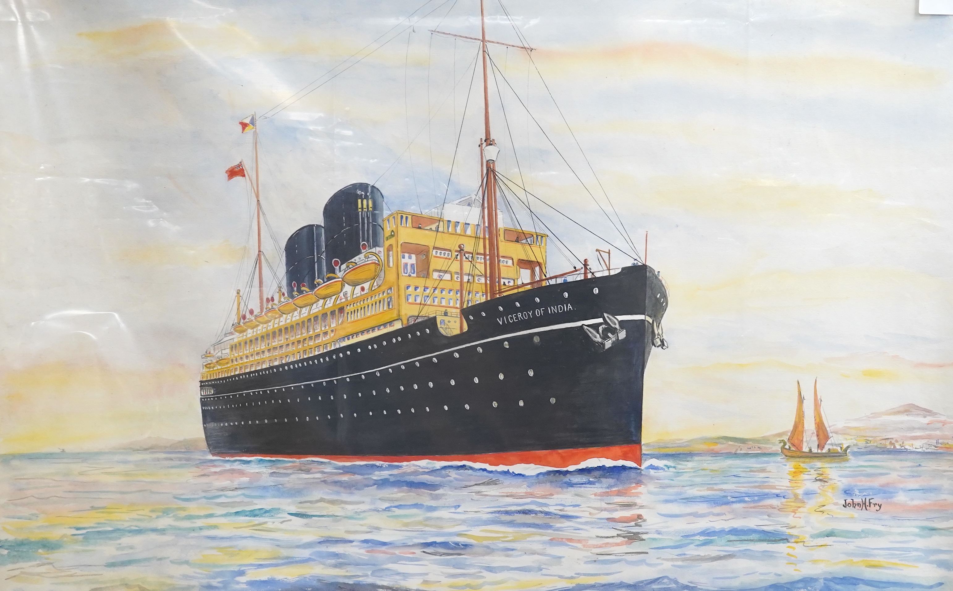 John Hemming Fry (American 1860-1946), four original watercolours for postcards, Ocean Liners, ‘S.S Orsova’, ‘S.S Viceroy of India’, ‘S.S Paris’ and S.S Europa’, signed, 49 x 75cm, unframed. Condition - fair